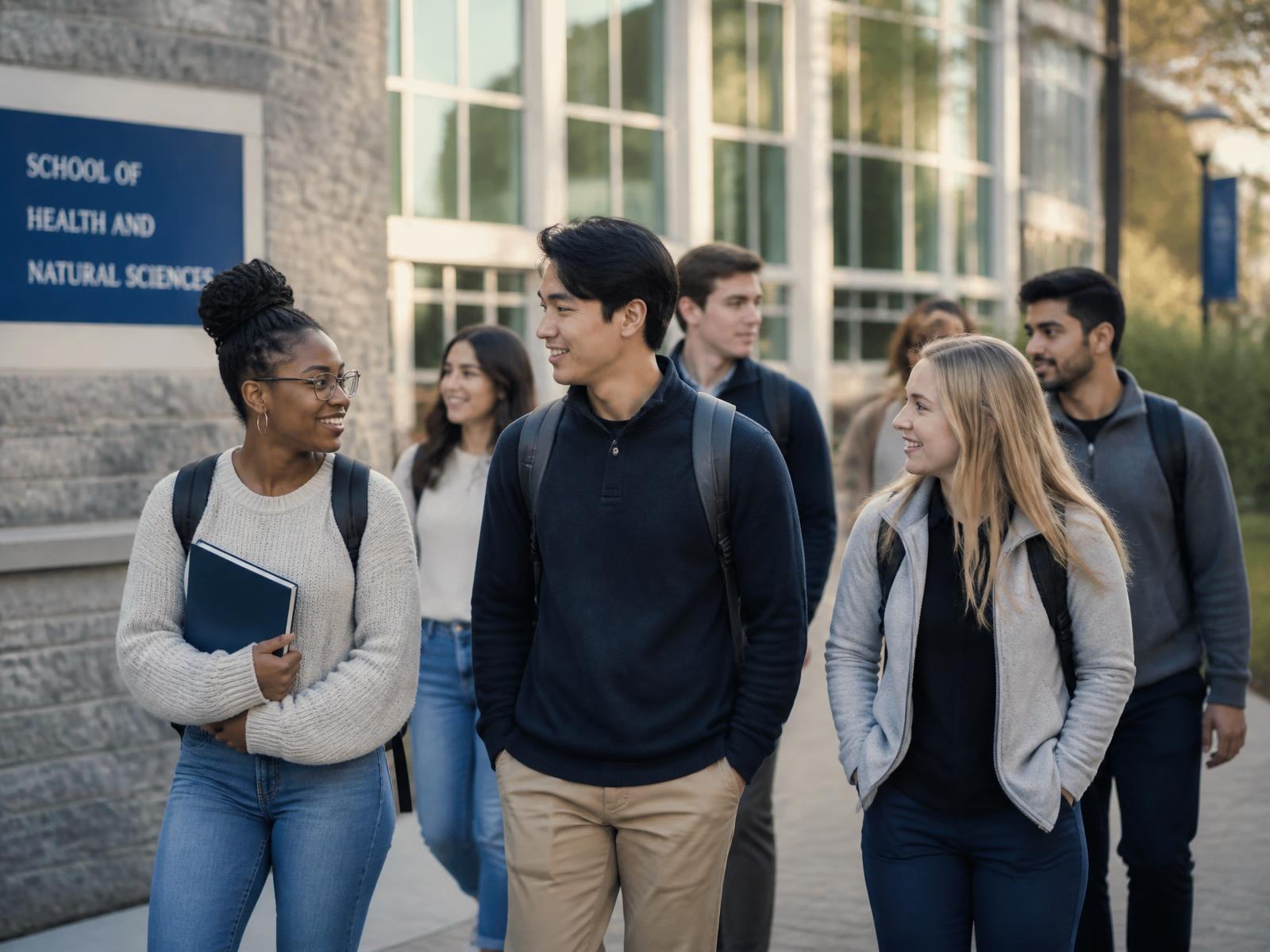 College students walking together outside a university health sciences building