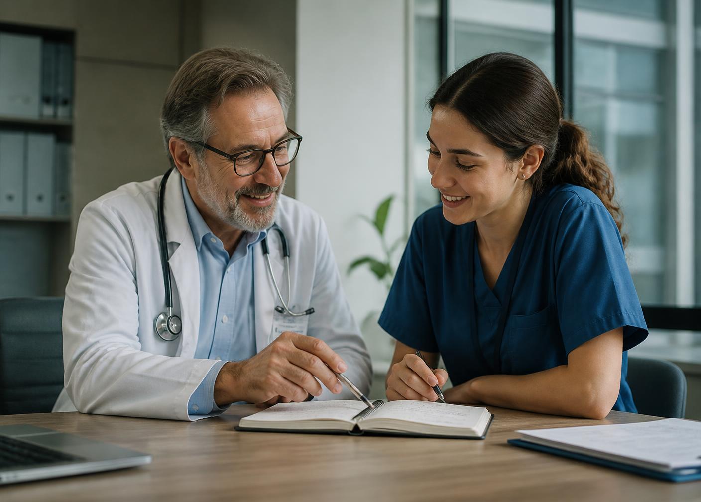A clinical supervisor reviewing notes with a behavioral health intern